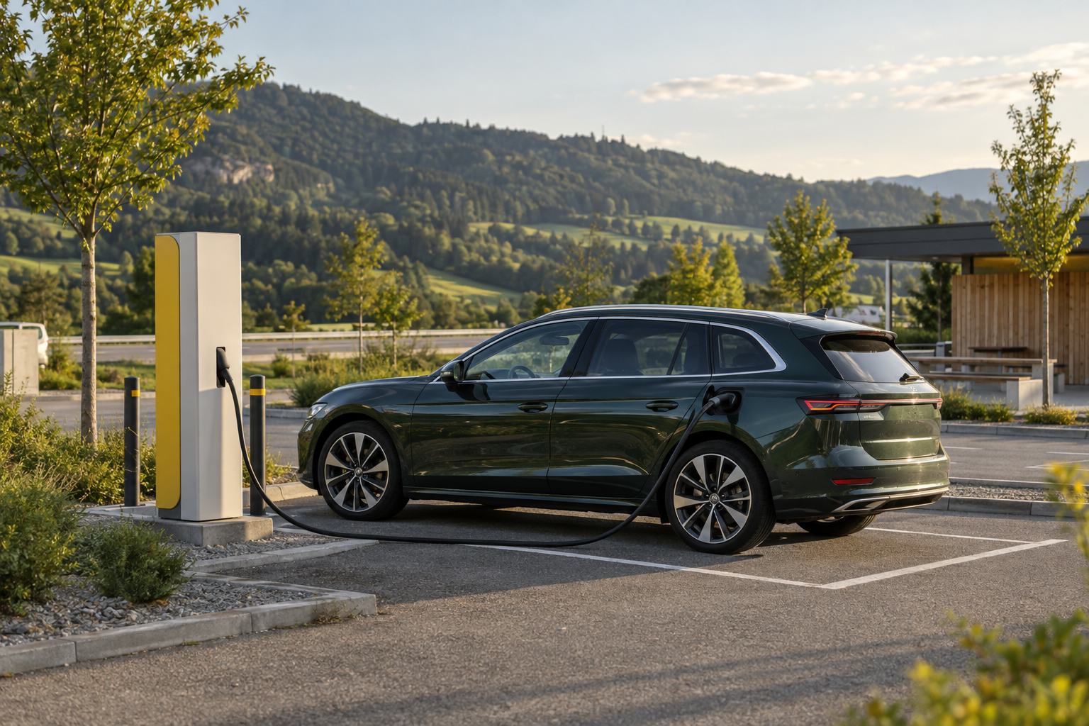 Elektroauto an einer Ladesäule vor bewaldeten Hügeln